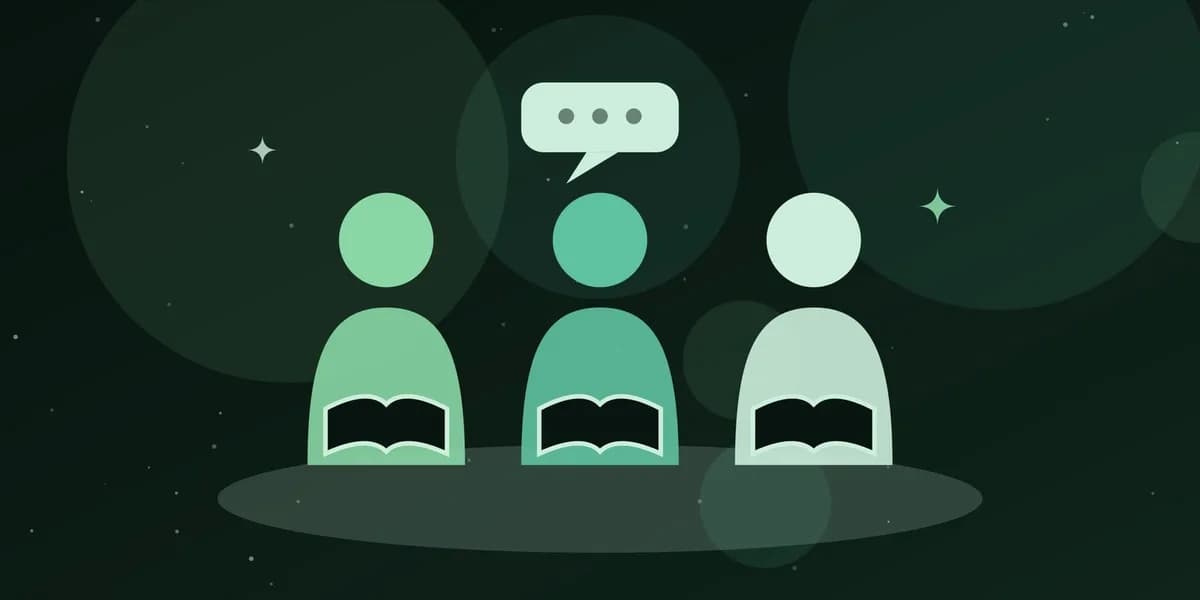 Ilustración de tres personas leyendo y comentando en grupo
