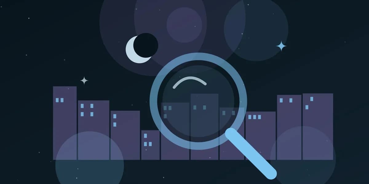 Ilustración de una lupa sobre una ciudad nocturna