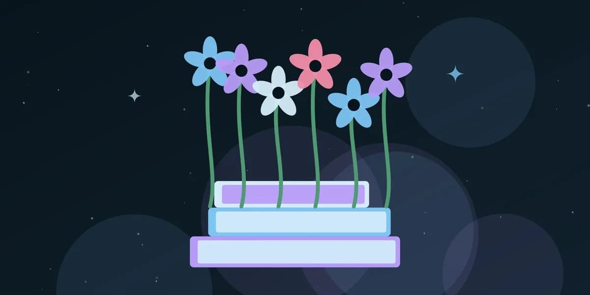 Ilustración de una pila de libros de la que brotan flores