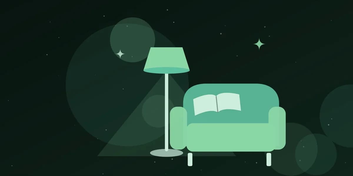 Ilustración de una lámpara de lectura junto a un sillón y un libro