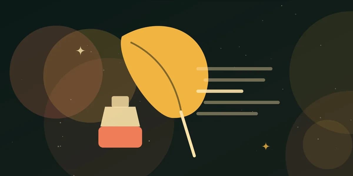 Ilustración de una pluma, un tintero y unos versos