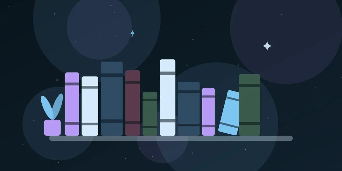 Ilustración de una estantería con libros de colores y una planta