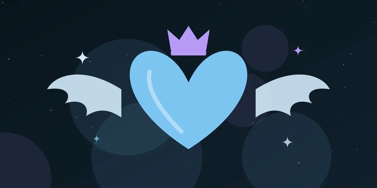 Ilustración de un corazón alado con una corona y destellos