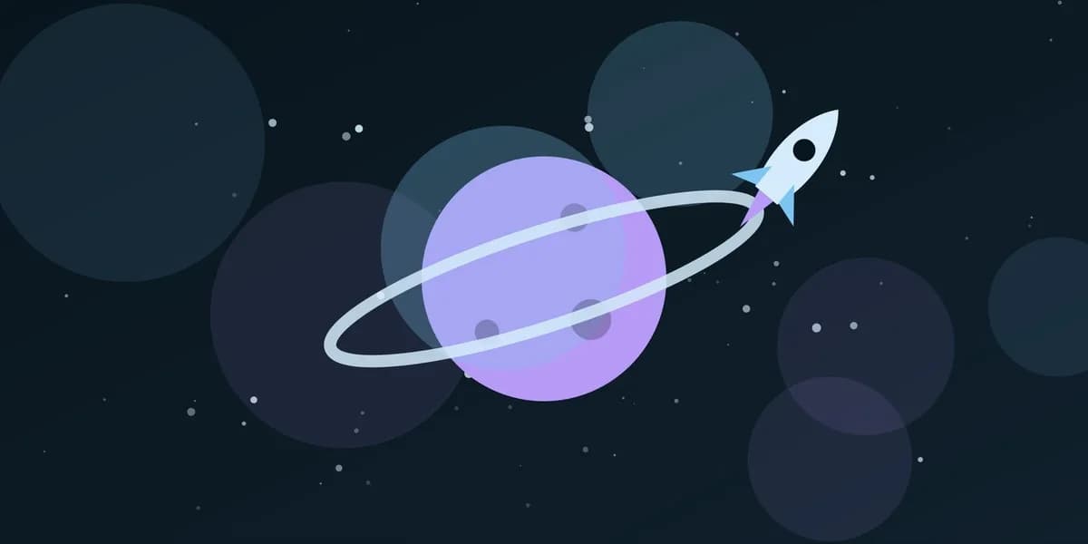 Ilustración de un planeta con anillos, un cohete y estrellas