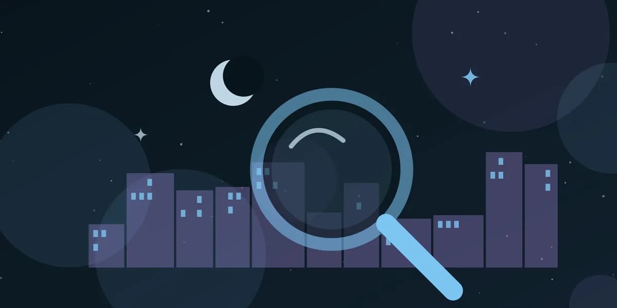 Ilustración de una lupa sobre una ciudad nocturna