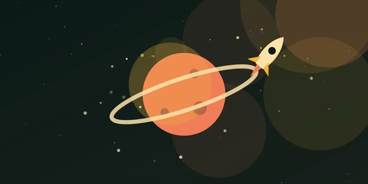 Ilustración de un planeta con anillos, un cohete y estrellas