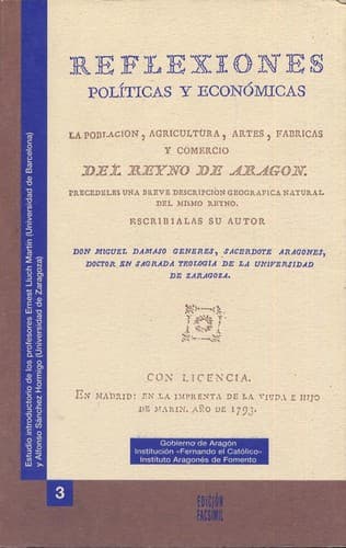 Portada de Reflexiones políticas y económicas sobre la población, agricultura, artes, fábricas y comercio del Reyno de Aragón