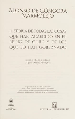 Portada de Historia de todas las cosas que han acaecido en el Reino de Chile y de los que lo han gobernado
