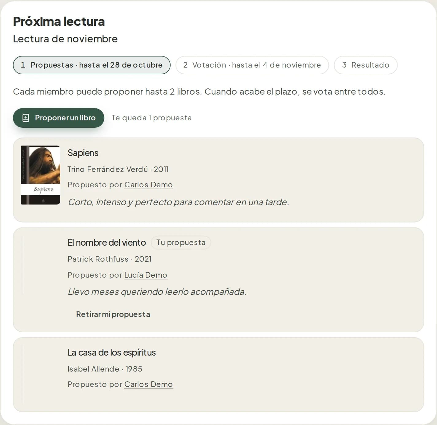 Votación en la fase de propuestas, con los libros propuestos y el botón Proponer un libro