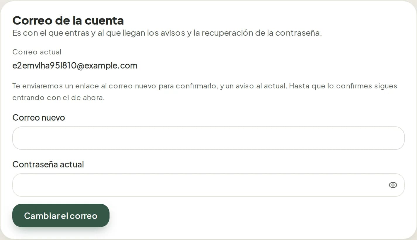 Sección Correo de la cuenta en Ajustes