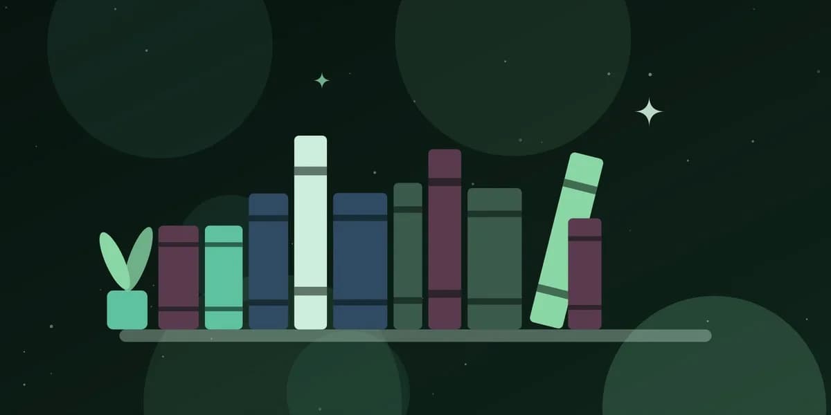 Ilustración de una estantería con libros de colores y una planta