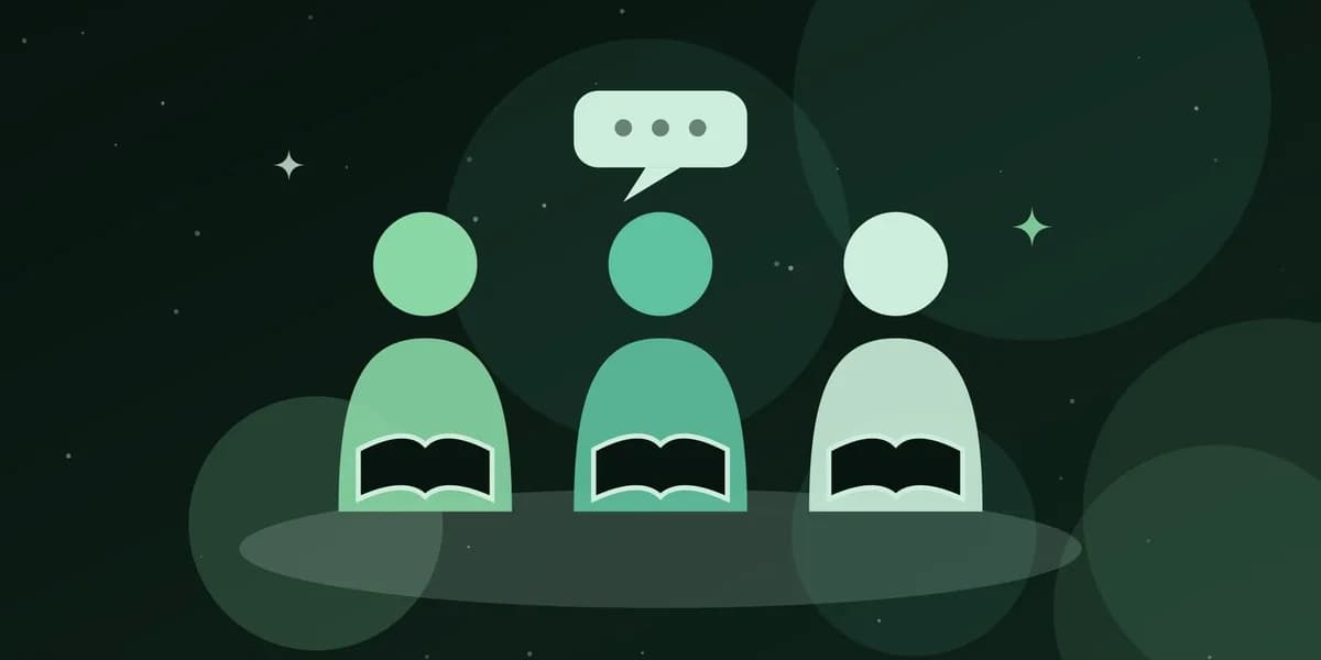 Ilustración de tres personas leyendo y comentando en grupo