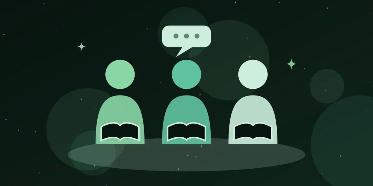 Ilustración de tres personas leyendo y comentando en grupo