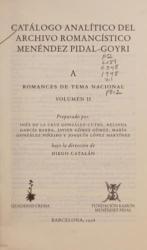 Portada de Catálogo analítico del Archivo Romancístico Menéndez Pidal-Goyri