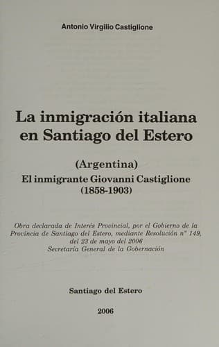Portada de La inmigración italiana en Santiago del Estero (Argentina)