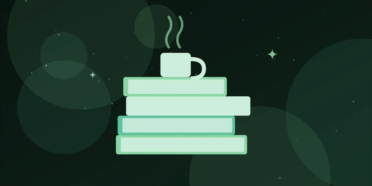 Ilustración de una pila de libros con una taza humeante encima