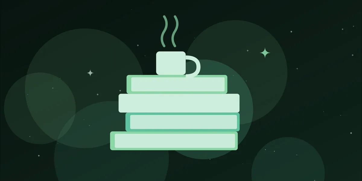 Ilustración de una pila de libros con una taza humeante encima