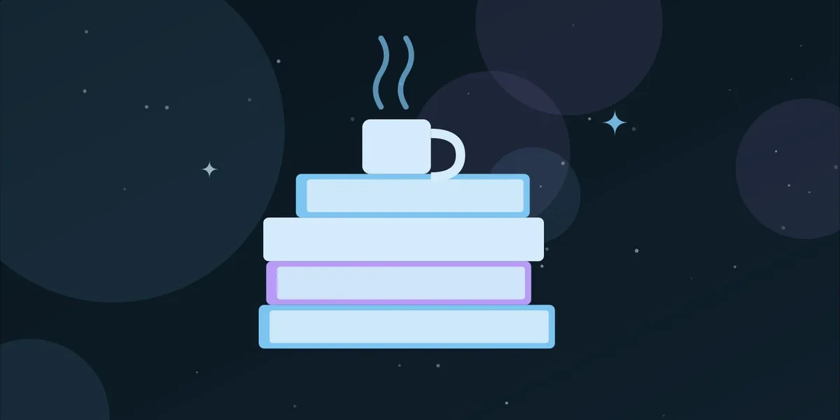 Ilustración de una pila de libros con una taza humeante encima