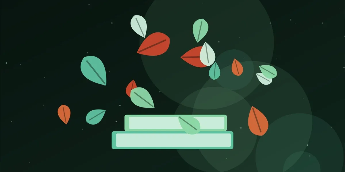 Ilustración de hojas de otoño cayendo sobre un libro