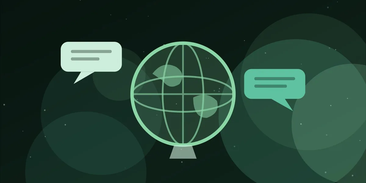 Ilustración de un globo terráqueo con dos bocadillos de conversación