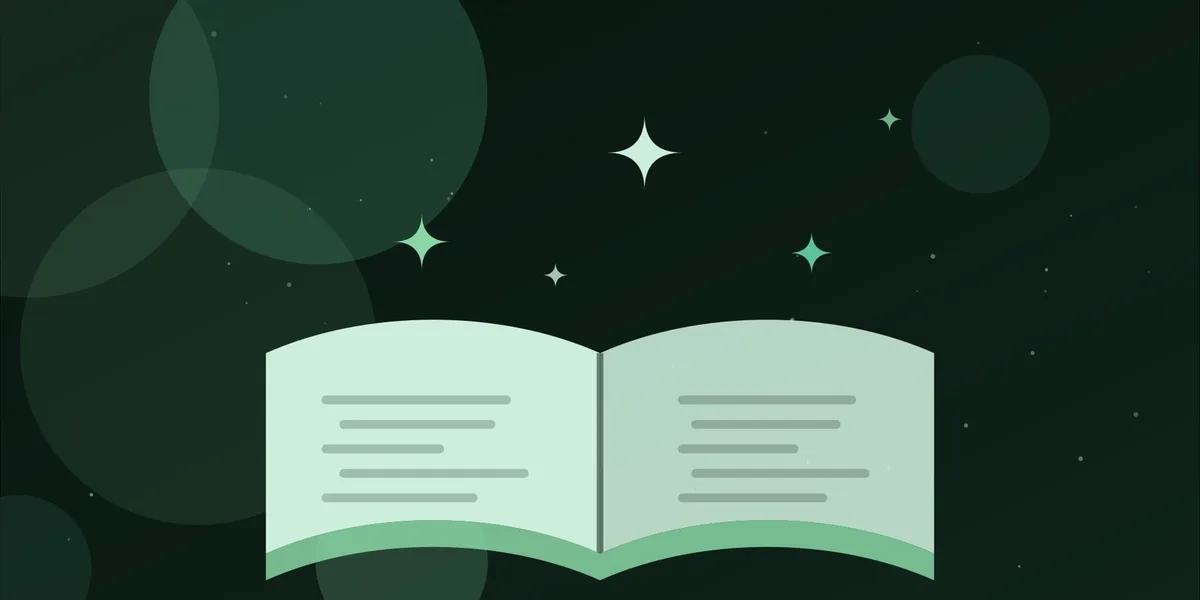 Ilustración de un libro abierto del que salen destellos