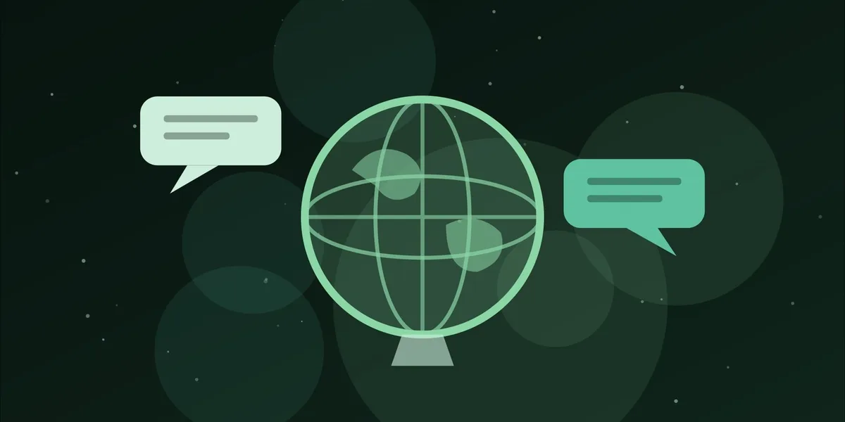 Ilustración de un globo terráqueo con dos bocadillos de conversación
