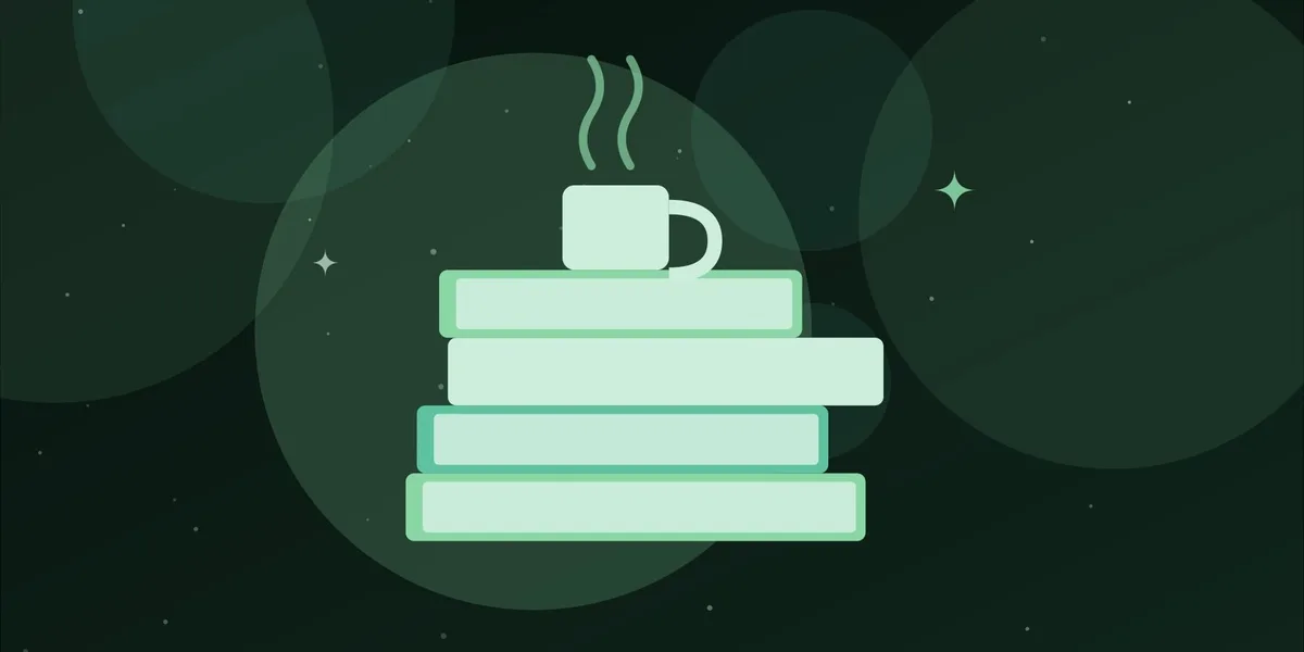 Ilustración de una pila de libros con una taza humeante encima