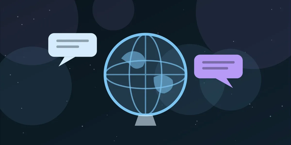 Ilustración de un globo terráqueo con dos bocadillos de conversación