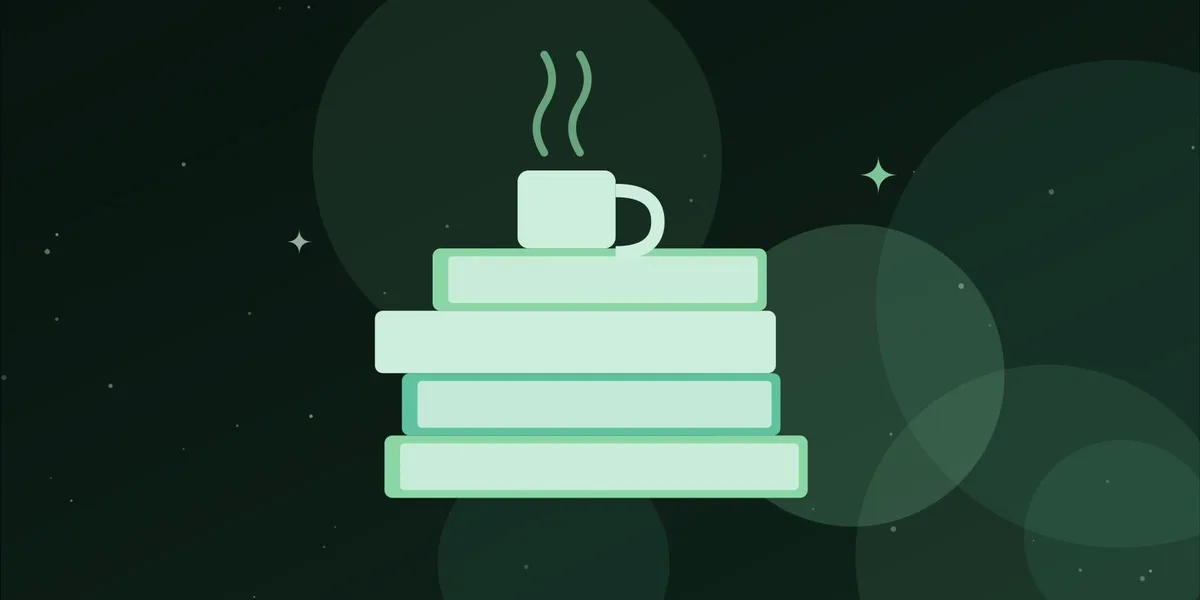 Ilustración de una pila de libros con una taza humeante encima