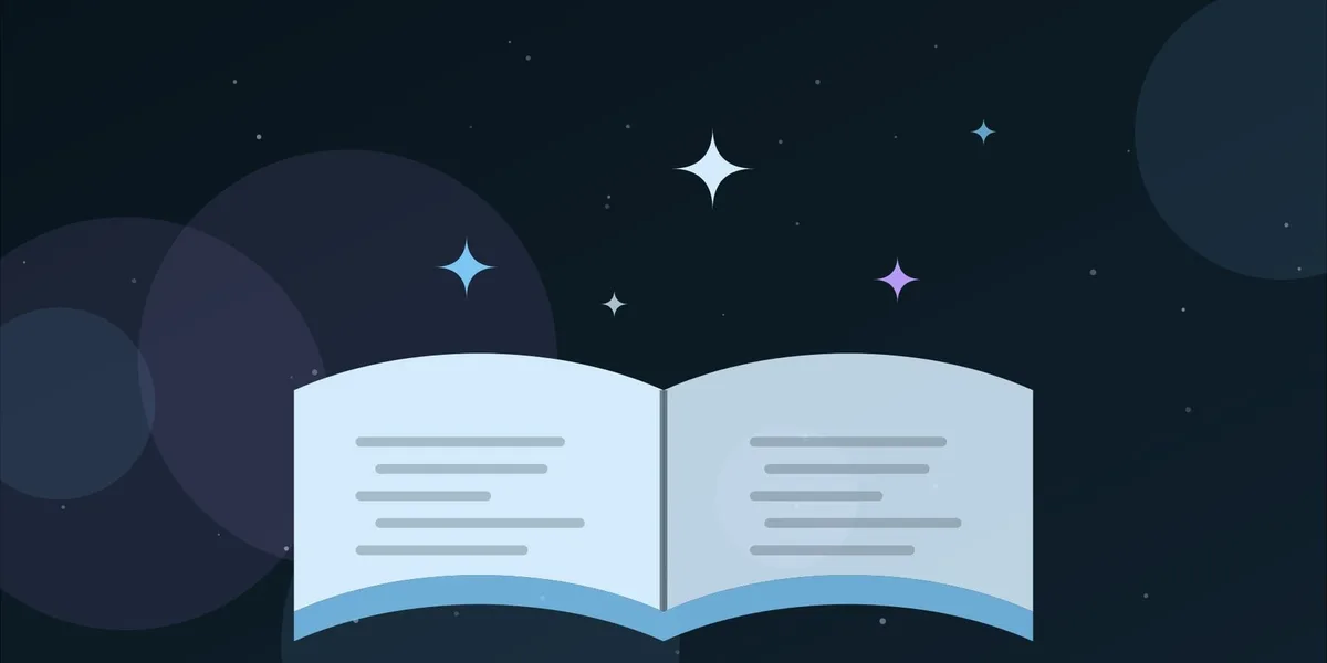 Ilustración de un libro abierto del que salen destellos
