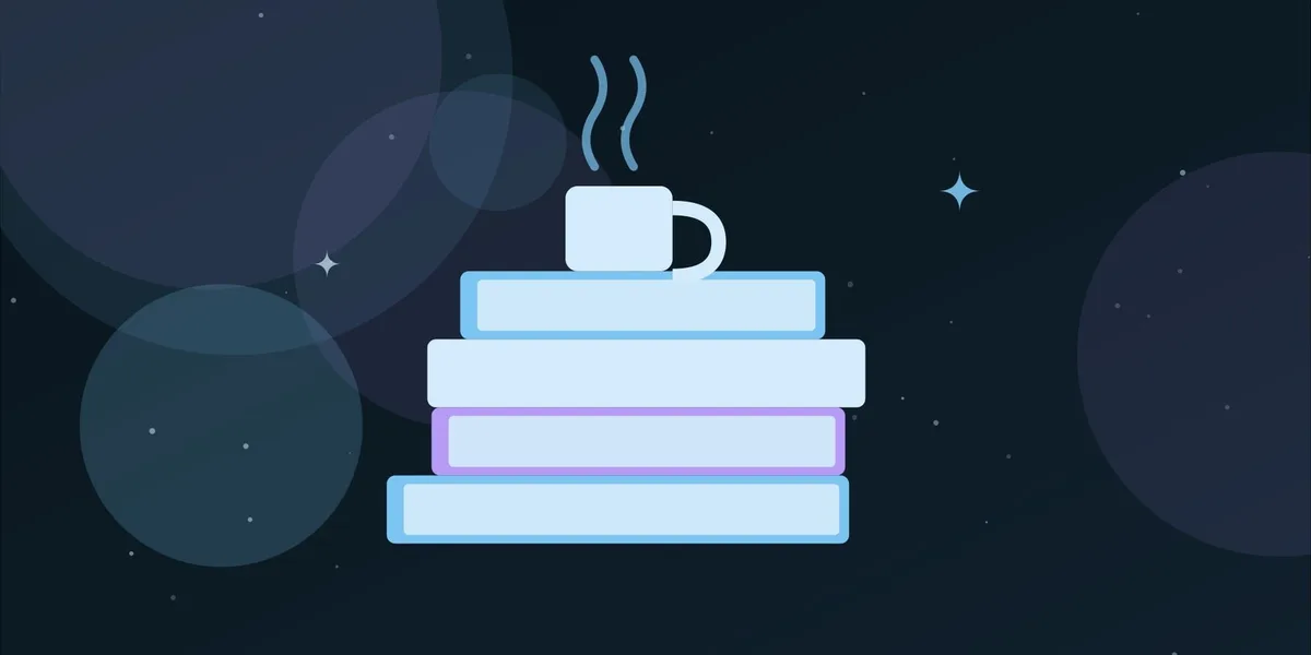 Ilustración de una pila de libros con una taza humeante encima