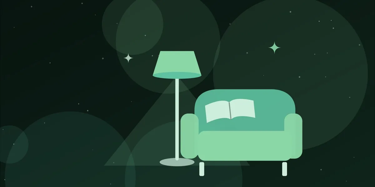 Ilustración de una lámpara de lectura junto a un sillón y un libro