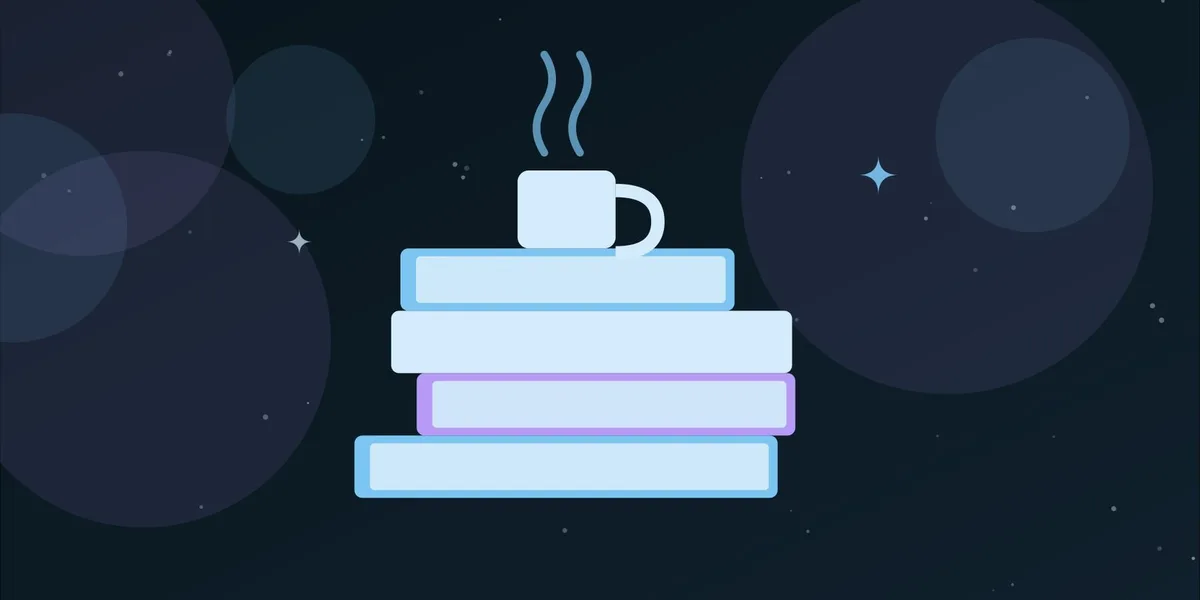 Ilustración de una pila de libros con una taza humeante encima