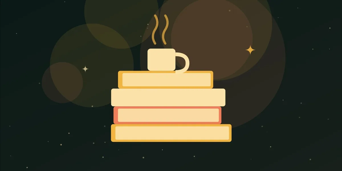 Ilustración de una pila de libros con una taza humeante encima