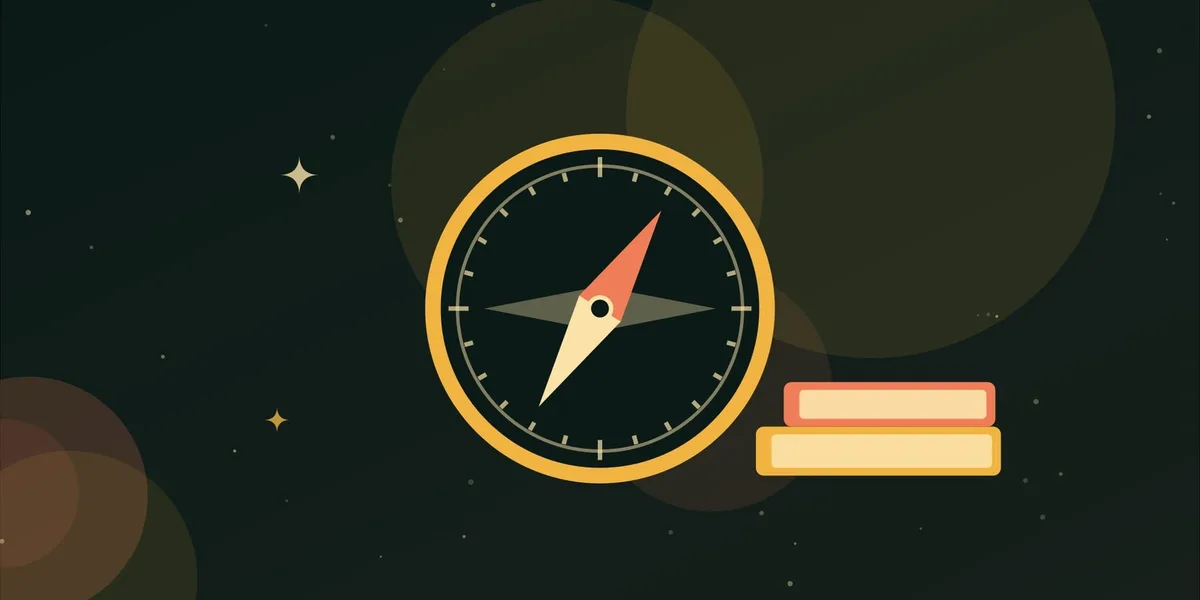 Ilustración de una brújula junto a unos libros