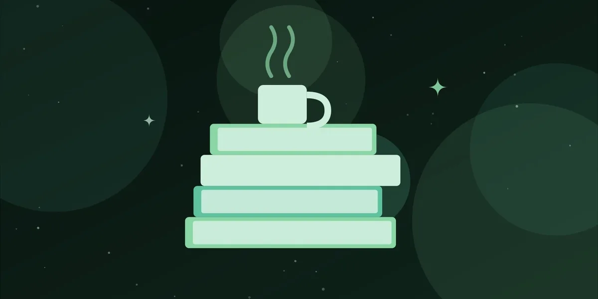 Ilustración de una pila de libros con una taza humeante encima