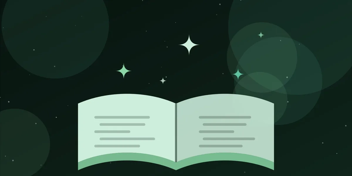 Ilustración de un libro abierto del que salen destellos