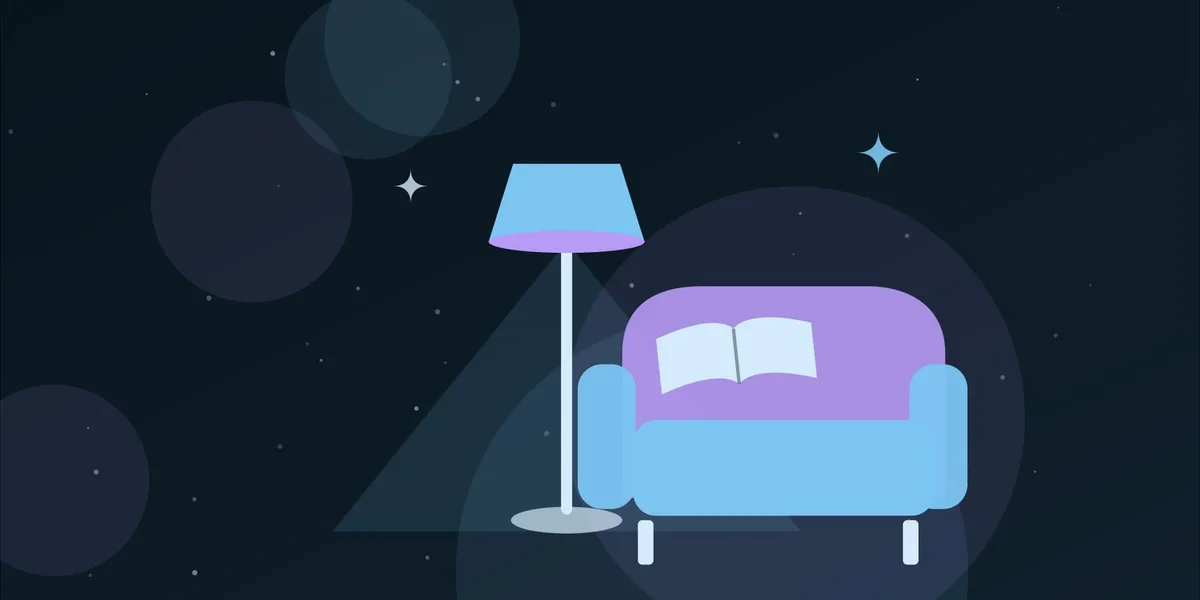 Ilustración de una lámpara de lectura junto a un sillón y un libro