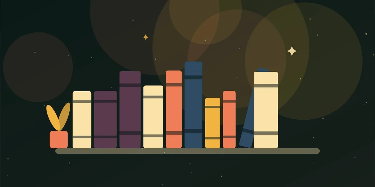 Ilustración de una estantería con libros de colores y una planta
