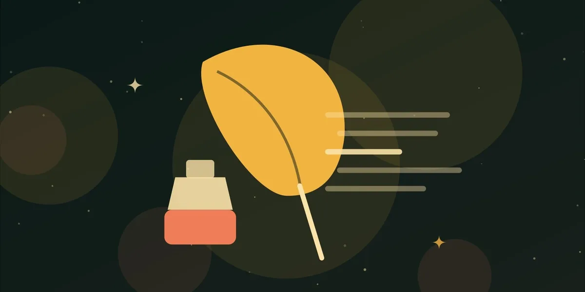 Ilustración de una pluma, un tintero y unos versos