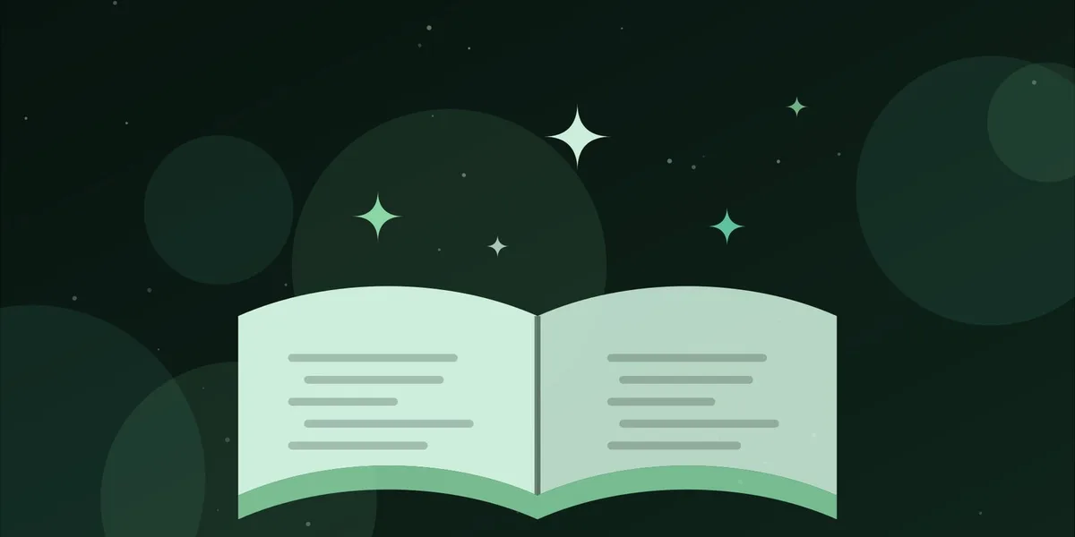 Ilustración de un libro abierto del que salen destellos