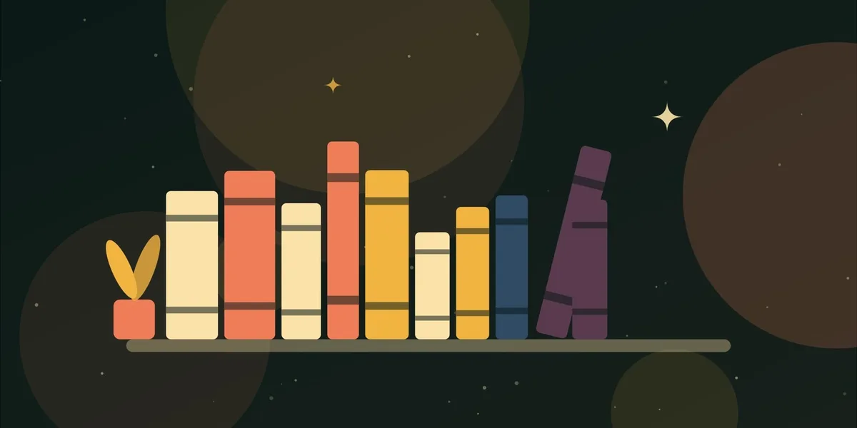 Ilustración de una estantería con libros de colores y una planta