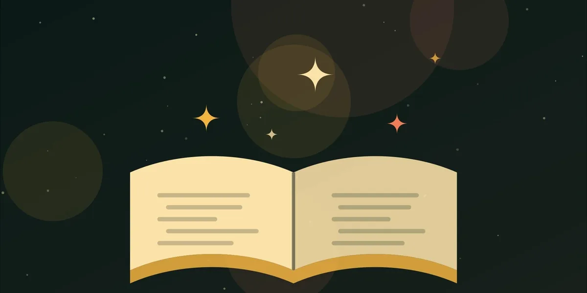 Ilustración de un libro abierto del que salen destellos