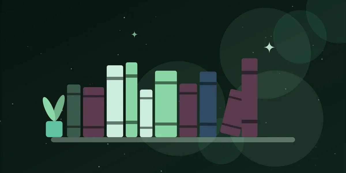 Ilustración de una estantería con libros de colores y una planta