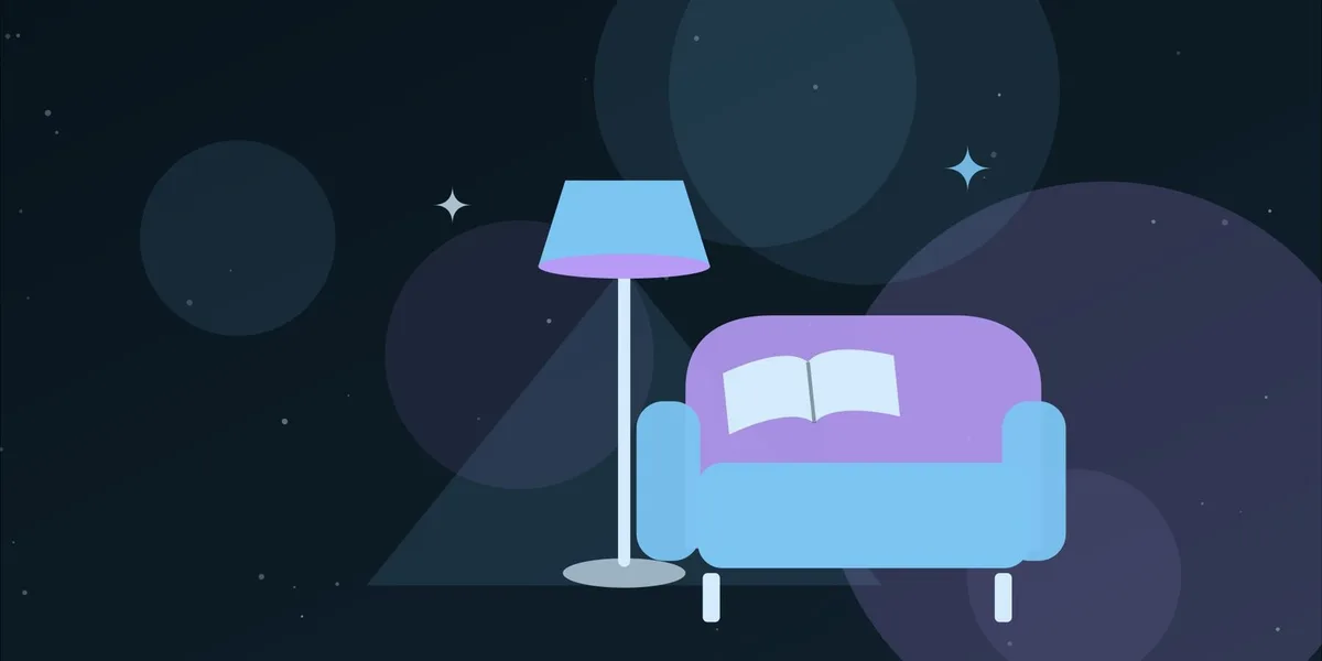 Ilustración de una lámpara de lectura junto a un sillón y un libro