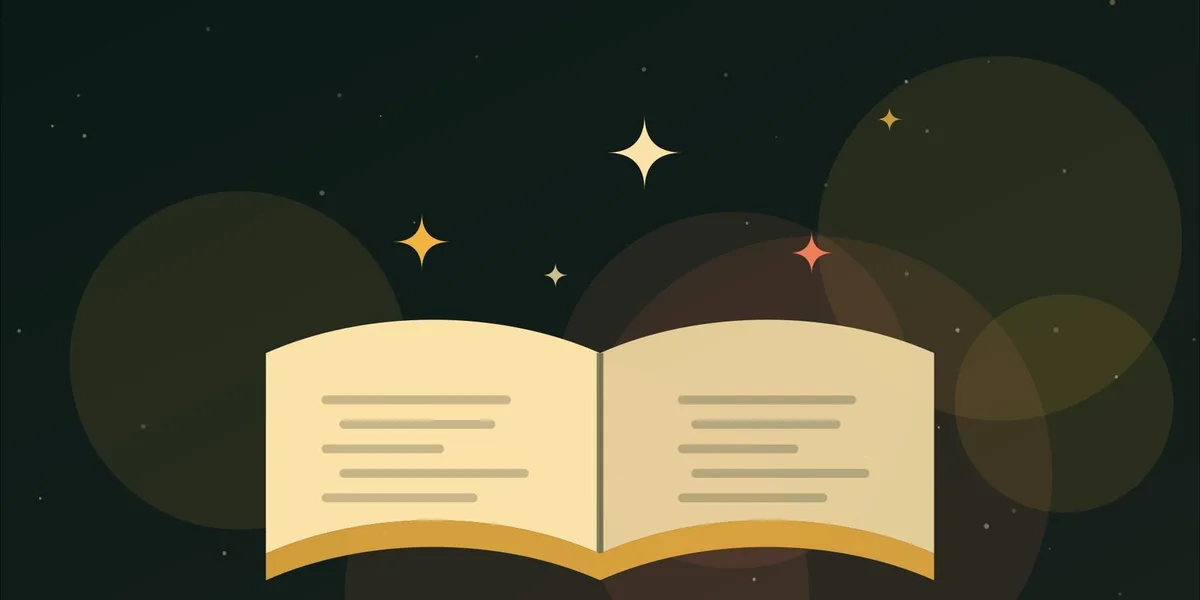 Ilustración de un libro abierto del que salen destellos