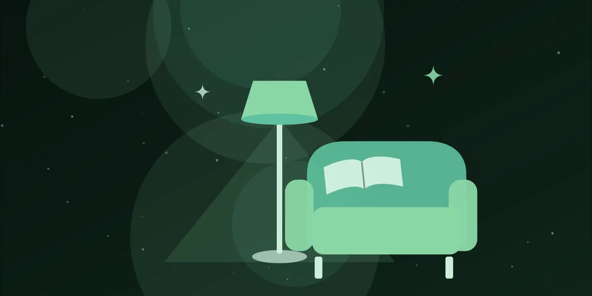 Ilustración de una lámpara de lectura junto a un sillón y un libro