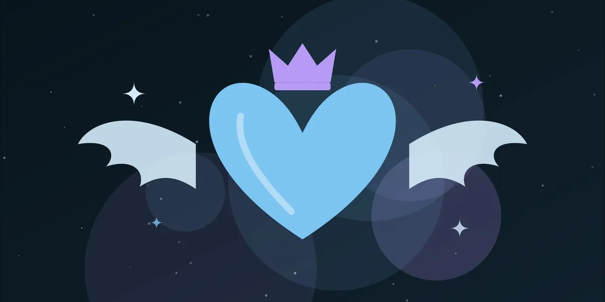 Ilustración de un corazón alado con una corona y destellos